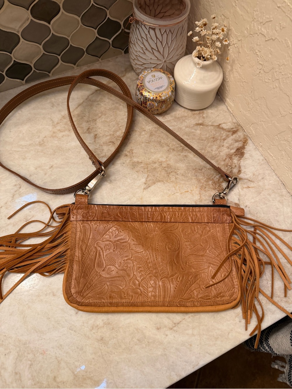 DB Goldsmith tooled  fringed leather Crossbody bag